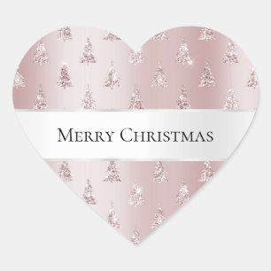 Blush Rose Gold Glitter Christmas Trees Heart Sticker