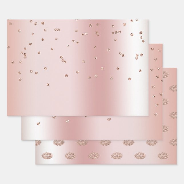 Blush Rose Gold Glitter Confetti Kisses Hearts Wrapping Paper Sheet (Set)