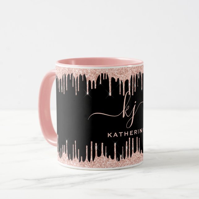 Blush Rose Gold Glitter Drips 2 Monogram Script Co Mug (Front Left)