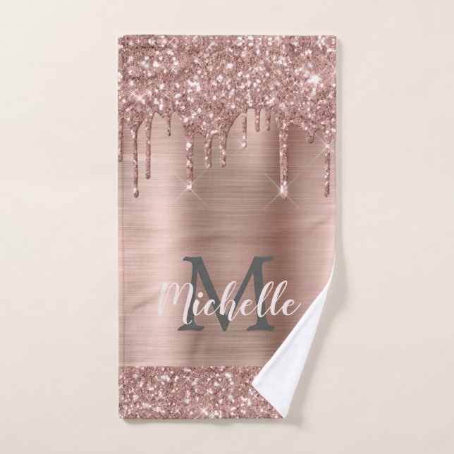 Blush Rose Gold Glitter Drips Monogrammed Feminine Hand Towel (Hand Towel)