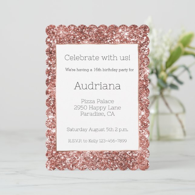 Blush Rose Gold Glitter Glitz 16th Birthday Invitation (Standing Front)