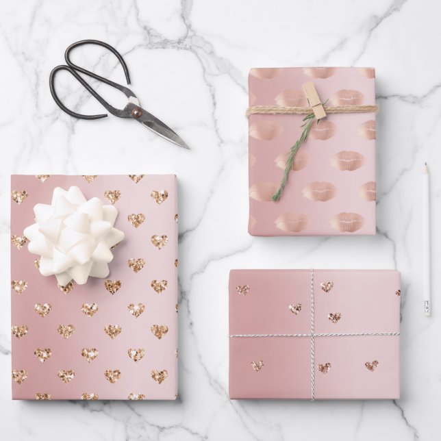 Blush Rose Gold Glitter Hearts Kisses Wrapping Paper Sheet (Front)