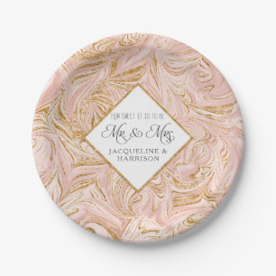 Blush Rose Gold Glitter Marble Wedding Reception Paper Plate