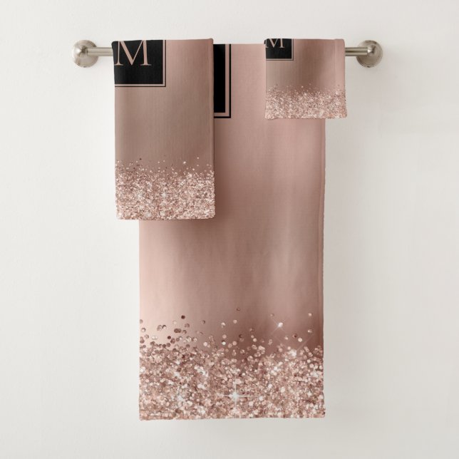 Blush Rose Gold Glitter Metallic Monogram Bath Towel Set (Insitu)