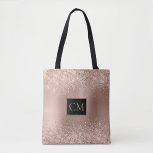 Blush Rose Gold Glitter Metallic Monogram Tote Bag