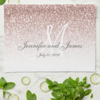 Blush Rose Gold Glitter Monogram Newlywed Wedding Tea Towel