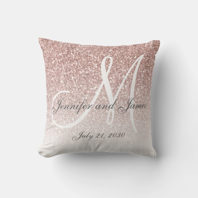 Blush Rose Gold Glitter Monogram Wedding Keepsake Cushion (Front)