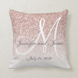 Blush Rose Gold Glitter Monogram Wedding Keepsake Cushion