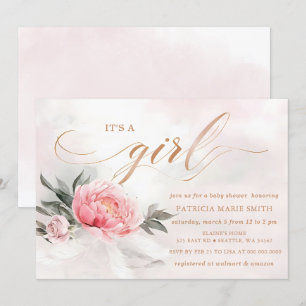 Blush Rose Gold Its a Girl Floral Baby Shower Invitation