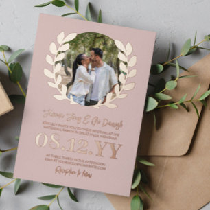 Blush Rose Gold Laurel Wreath Typography Photo