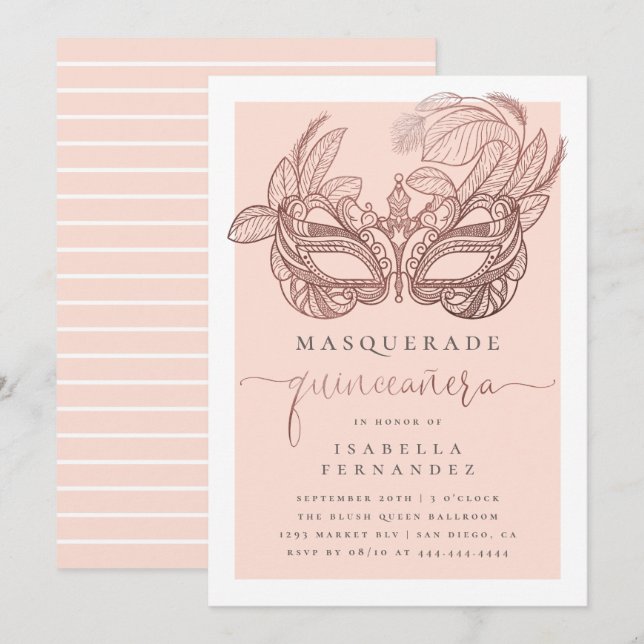 Blush & Rose Gold Masquerade Quinceañera Birthday Invitation (Front/Back)