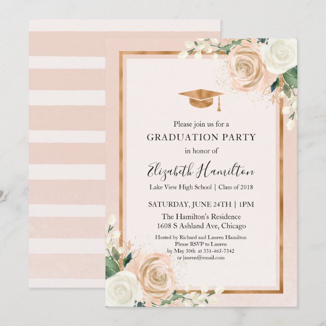 Blush & Rose Gold Modern Floral Graduation Party Invitation (Front/Back)