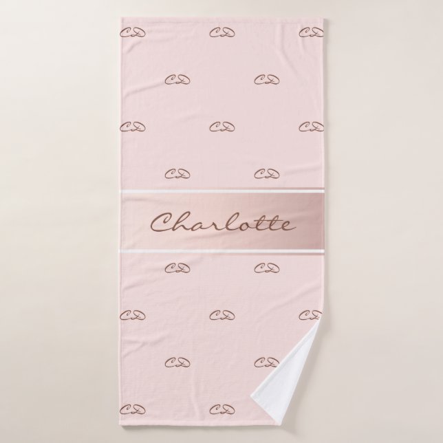 Blush rose gold  monogram modern elegant name bath towel (Bath Towel)