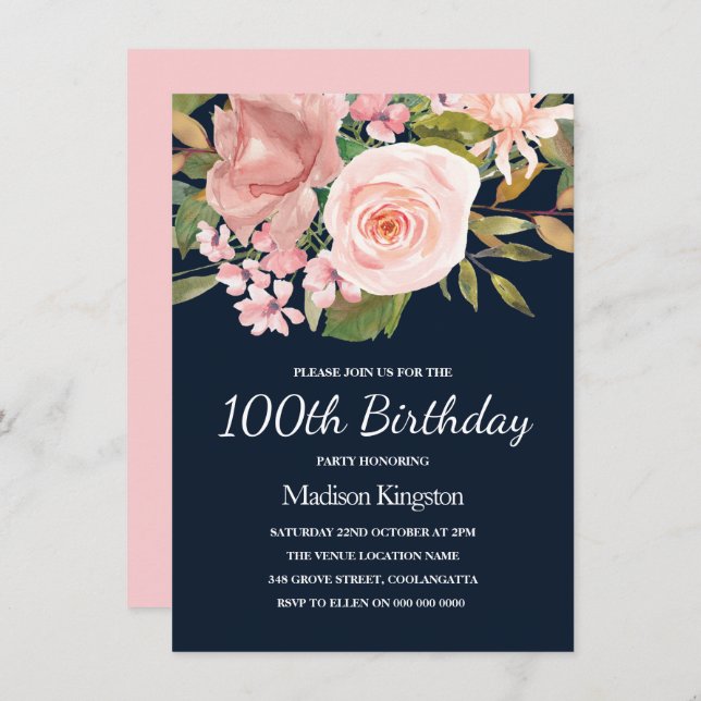 Blush & Rose Gold Navy 100th Birthday Party Invite (Front/Back)