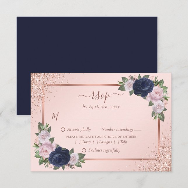  Blush Rose Gold Navy Blue Floral Wedding Meal RSVP Card (Front/Back)