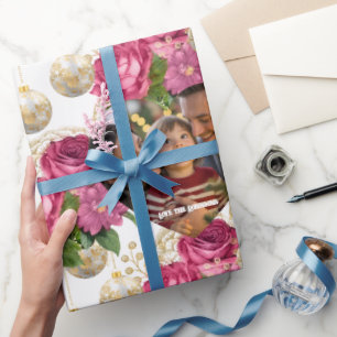 Blush Rose & Gold Ornament Custom Christmas Photo Wrapping Paper