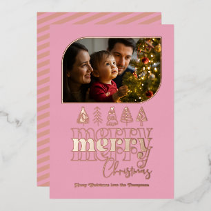 Blush & Rose Gold Retro Doodle Christmas Photo Foil Holiday Card