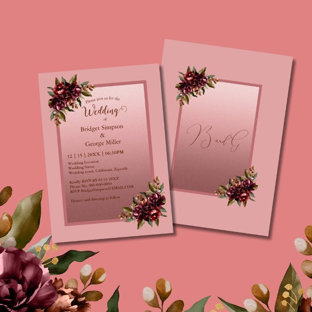 Blush Rose Gold Script Burgundy Floral Wedding Invitation (Creator Uploaded)