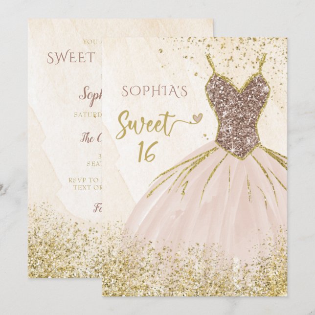 Blush Rose Gold Sparkle Dress Sweet 16 birthday Invitation (Front/Back)