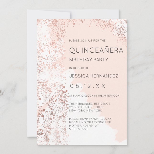 Blush Rose Gold Splatter Brushstroke Quinceañera Invitation (Front)