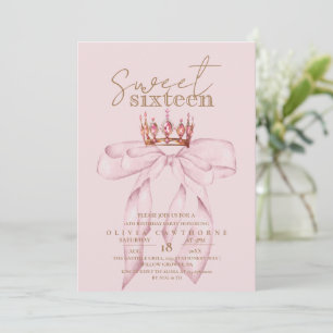 Blush Rose & Gold Sweet 16 Bow Crown Birthday Invitation