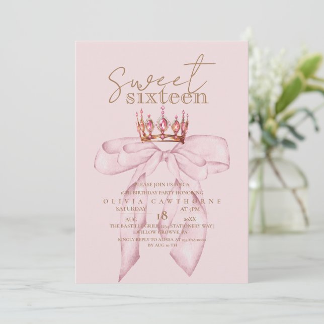 Blush Rose & Gold Sweet 16 Bow Crown Birthday  Invitation (Standing Front)