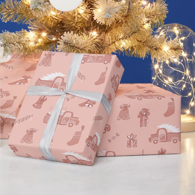 Blush Rose Gold Trucks Cute Christmas Wrapping Paper (Holidays)