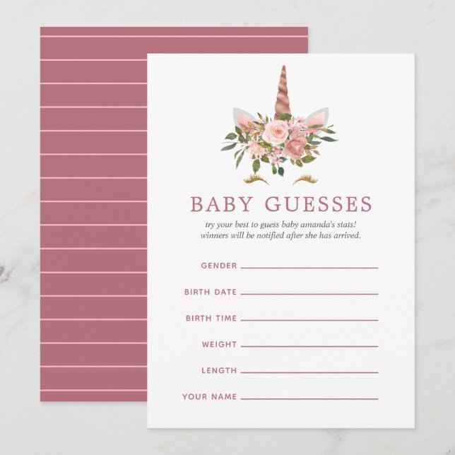 Blush & Rose Gold Unicorn Baby Shower Baby Guesses Invitation (Front/Back)