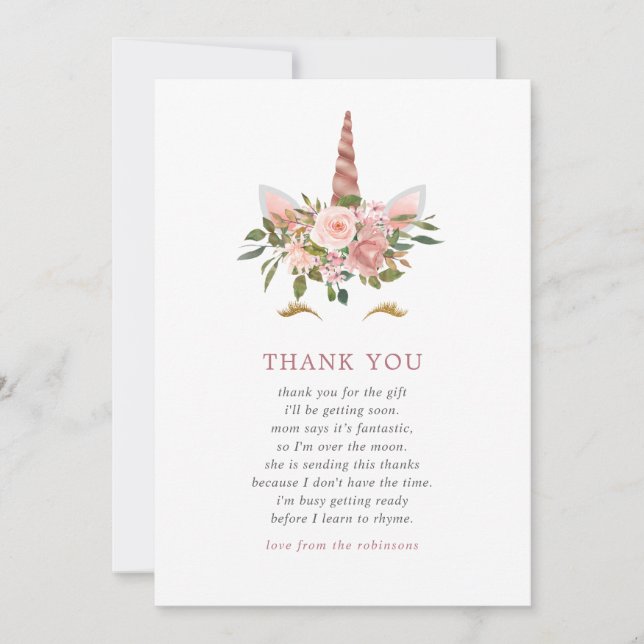 Blush & Rose Gold Unicorn Baby Shower Thank You (Front)