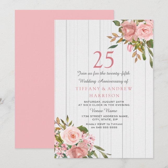 Blush Rose Gold White 25th Wedding Anniversary Invitation (Front/Back)