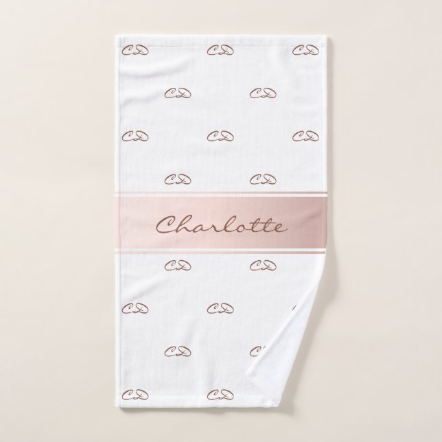 Blush rose gold white monogram elegant bath towel set (Hand Towel)