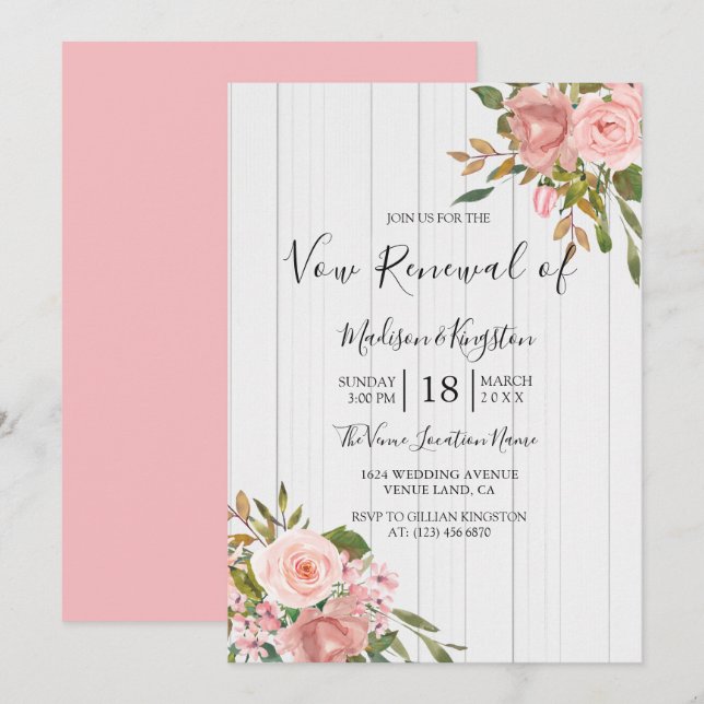 Blush Rose Gold White Wood Vow Renewal Invite (Front/Back)