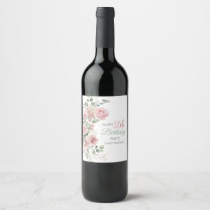 Blush Rose Greenery Eucalypt 55th Birthday Wine Label