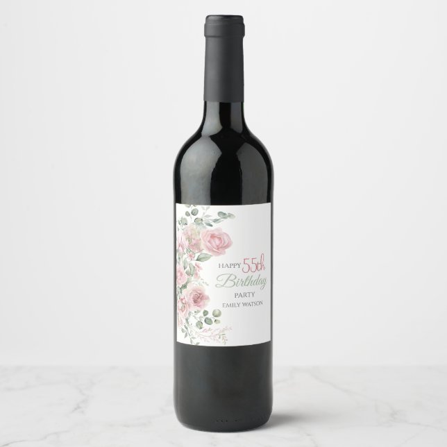 Blush Rose Greenery Eucalypt 55th Birthday Wine Label (Front)
