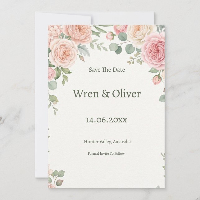 Blush Rose Greenery Save the Date Card (Front)
