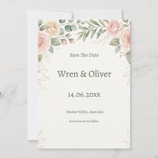 Blush Rose Greenery Save the Date Card (Front)