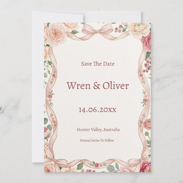 Blush Rose Greenery Save the Date Card (Front)