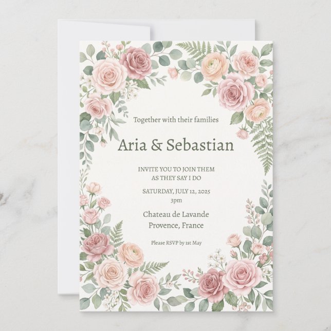 Blush Rose Greenery Wedding Invitation (Front)