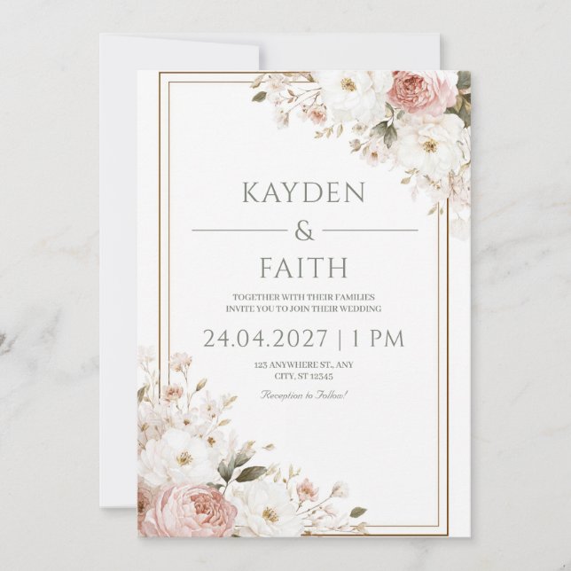 Blush Rose & Ivory Floral Wedding Invitation (Front)
