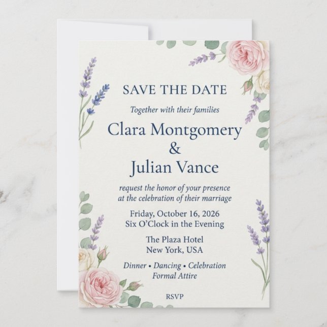 Blush Rose, Lavender & Eucalyptus Botanical  Invitation (Front)