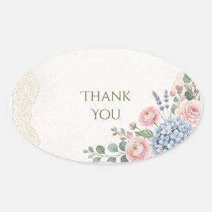 Blush Rose Lavender Hydrangea Thank You Oval Stick Sticker