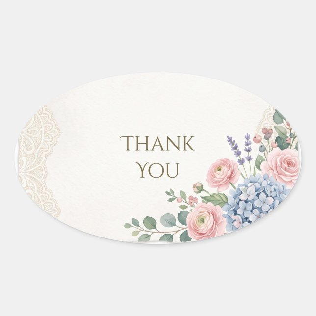 Blush Rose Lavender Hydrangea Thank You Oval Stick Sticker (Front)