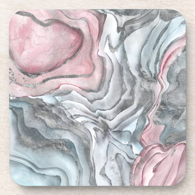Blush rose marble - pastel pinks and silver coaster (Front)