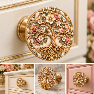 Blush Rose Marble Tree of Life Birds Gold Vintage  Ceramic Knob