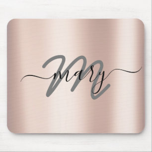 Blush Rose Minimal Name Monogram Grey Mouse Mat