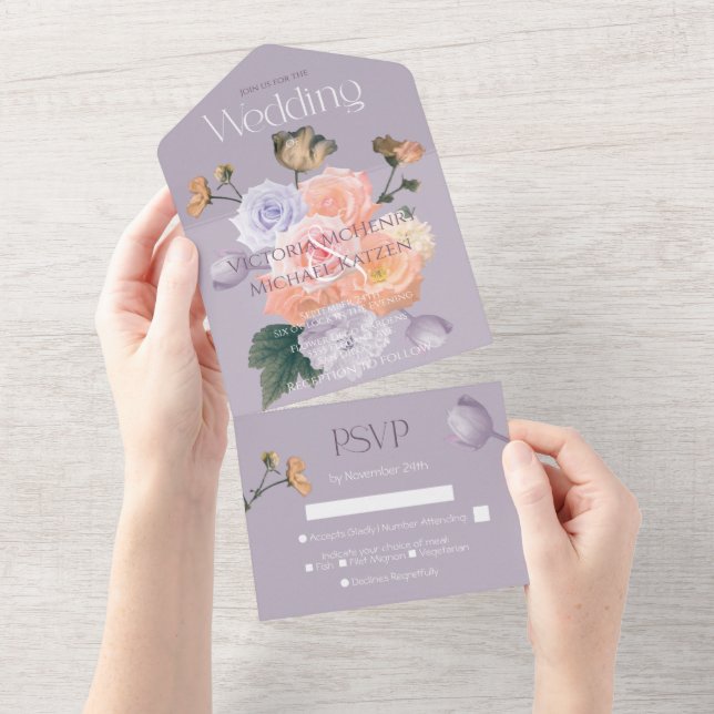 Blush Rose Pale Purple Modern Floral Wedding All In One Invitation (Tearaway)