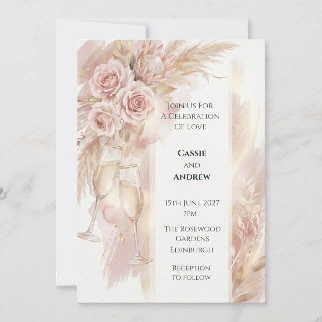 Blush Rose & Pampas Grass Wedding Invitation (Front)