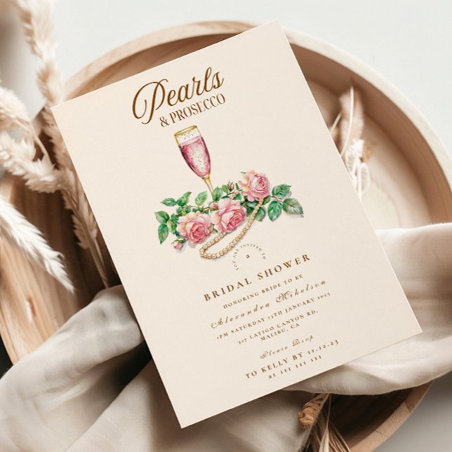 Blush Rose Pearls and Prosecco Bridal Shower Invitation (Creator Uploaded)