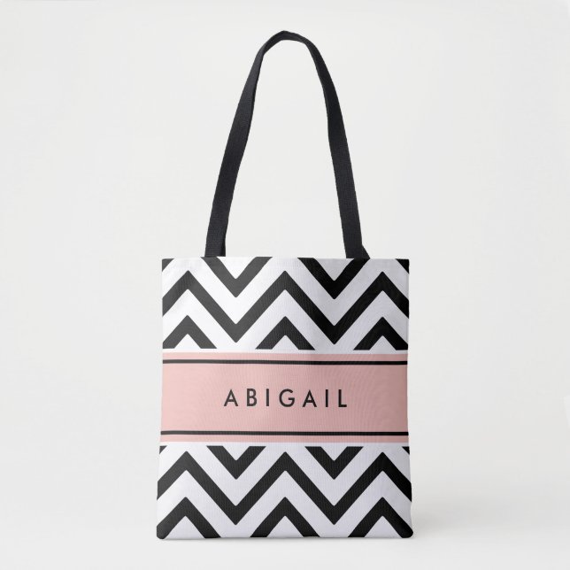 Blush Rose Pink Black White Modern Chevron Zigzag Tote Bag (Front)