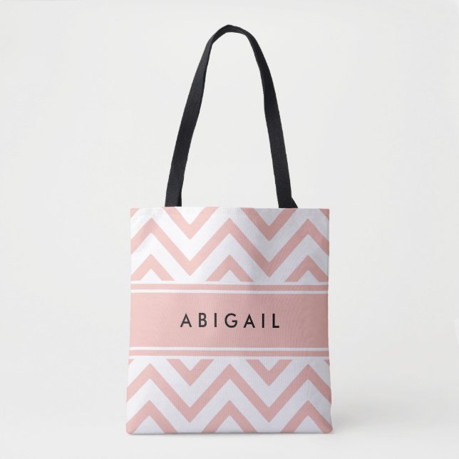 Blush Rose Pink Black White Modern Chevron Zigzag Tote Bag (Front)